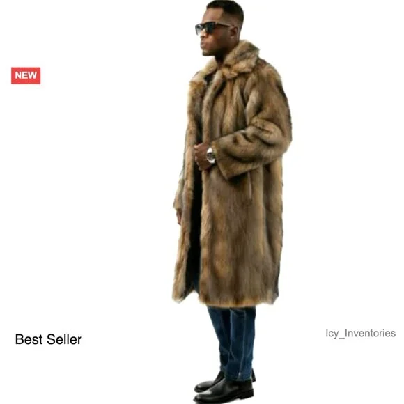 Long Faux Fur Coat Trench Jacket Men's Winter Elegant Classic Toggle Closure